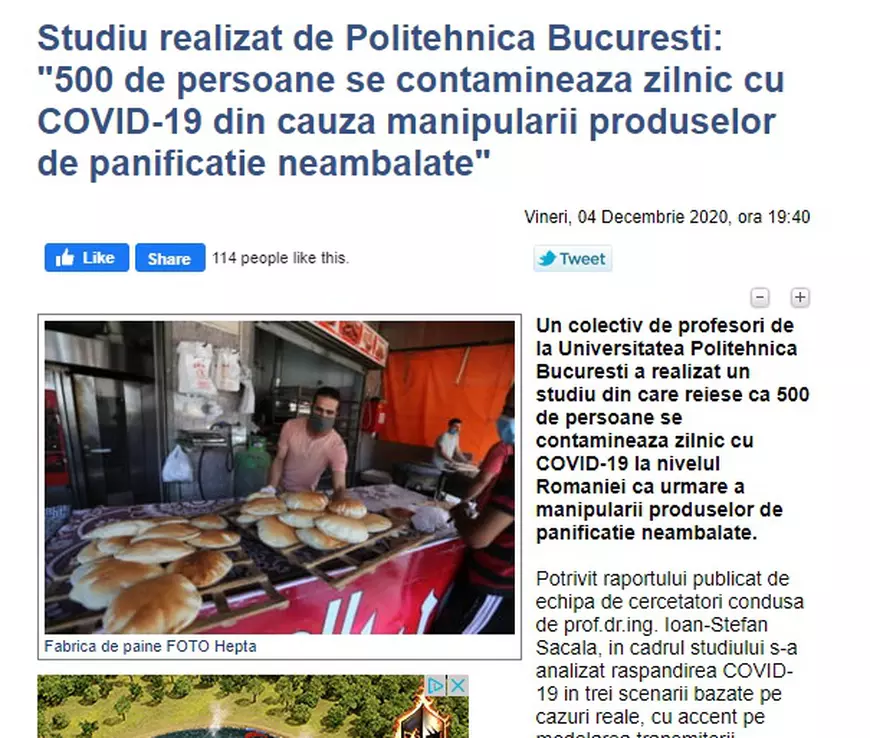 Pagina de Media: Informaţia din spotul publicitar mincinos, publicată şi pe Ziare.com, site deținut de acționarii Vel Pitar