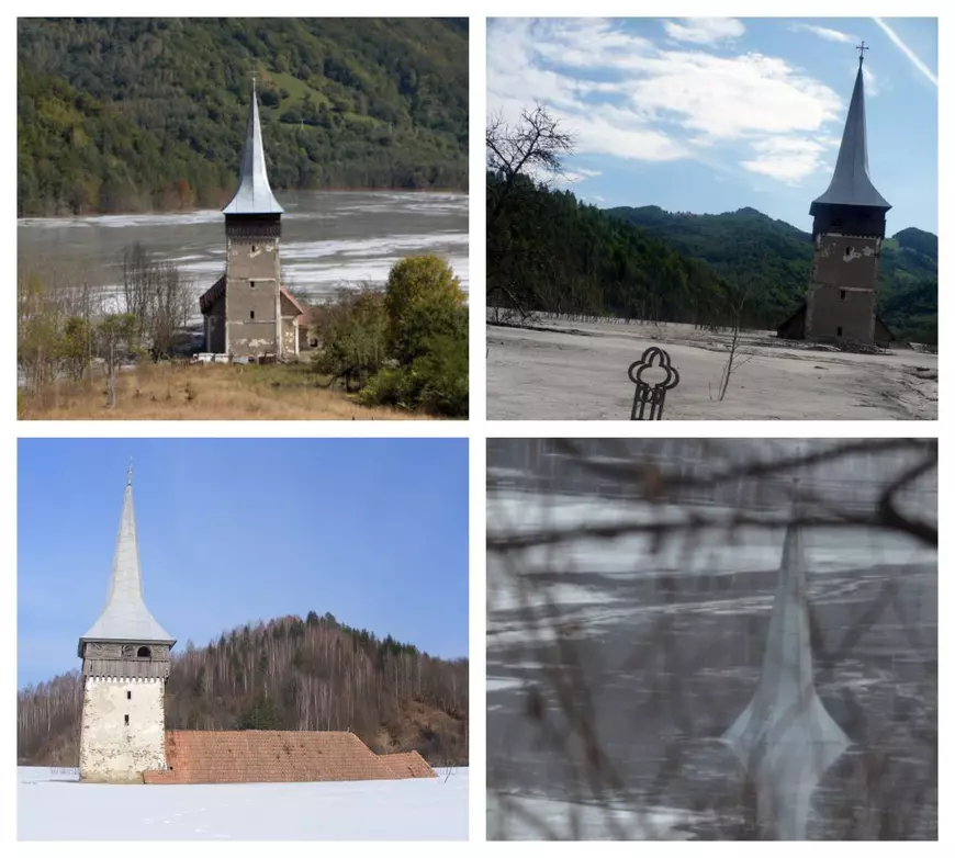 REPORTAJ. 10 ani în imagini care-ți arată cum a fost scufundată Valea Șesii în iazul de decantare. Turla bisericii e aproape înghițită, ultimele 3 case sunt în pericol