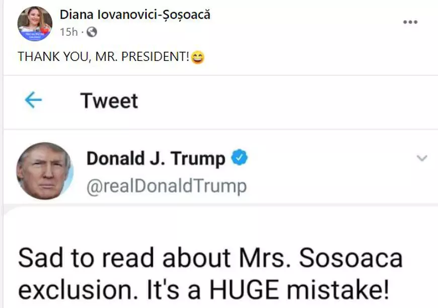 Diana Șoșoacă, ținta ironiilor pe Facebook după ce a postat un mesaj fals de susținere din partea lui Donald Trump