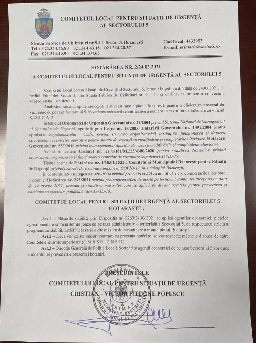 Război între Piedone și prefectul Capitalei. Primarul refuză să revoce dispoziția prin care a stabilit noi restricții în sectorul 5. Alin Stoica: Îi dăm în judecată