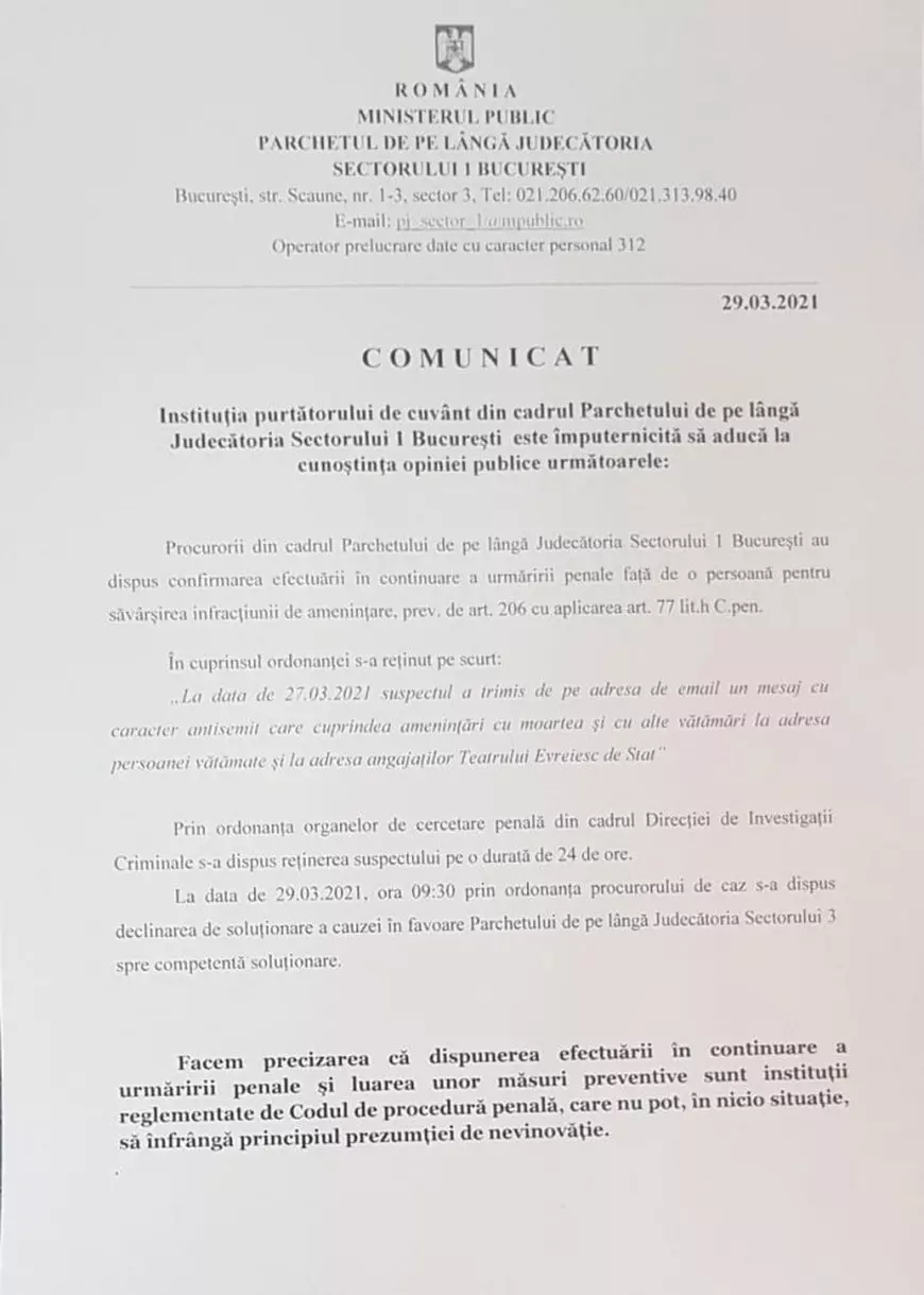 Bărbatul cercetat în cazul amenințărilor la adresa actriței Maia Morgenstern, plasat sub control judiciar