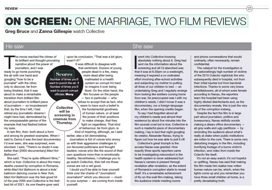 Cu sălile de cinema deschise, presa din Noua Zeelandă descrie reacția șocată a publicului după Colectiv: „Un pic cam devastator, nu-i așa?!”