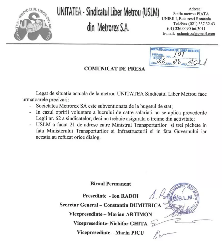 Sindicaliștii de la metrou spun că nu sunt obligaţi de lege să asigure o treime din activitate la „oprirea voluntară a lucrului”