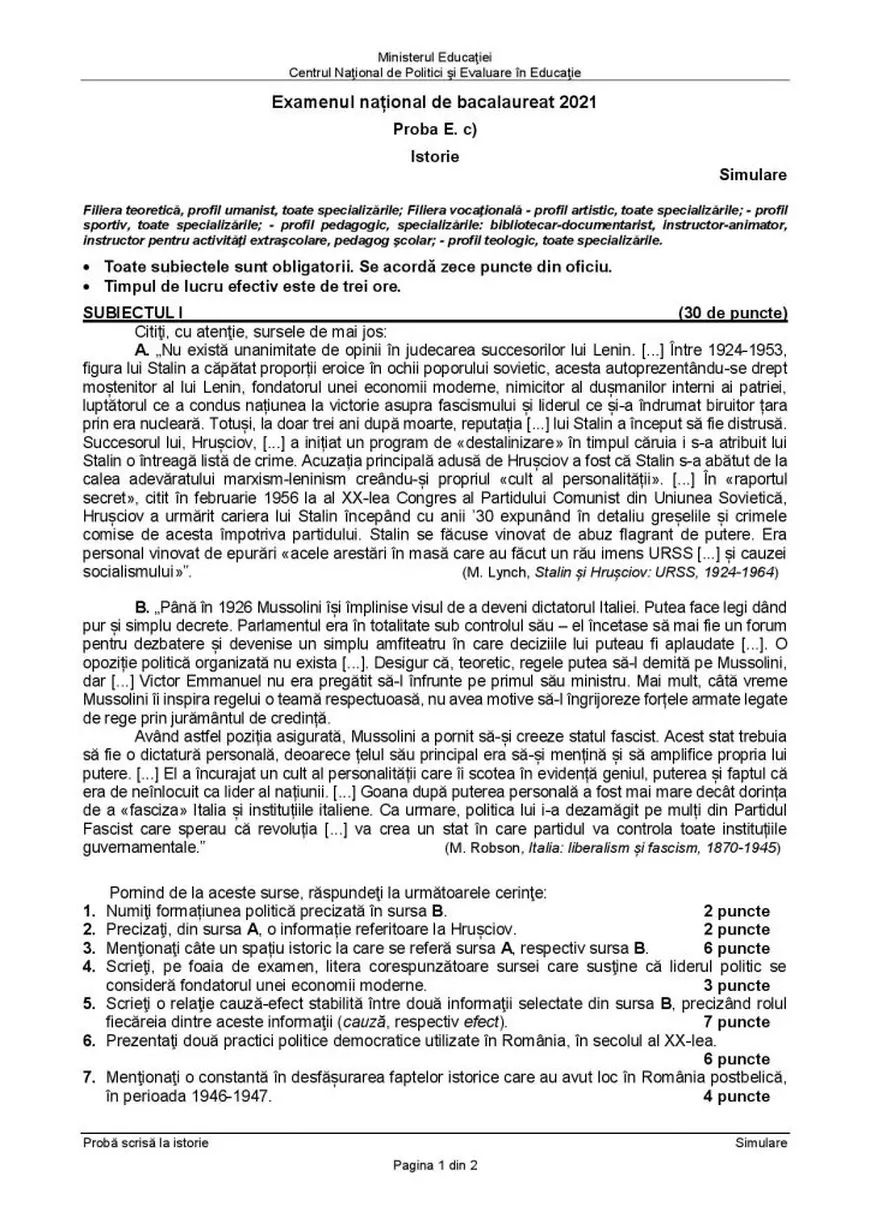 Subiecte simulare Bac istorie 2021 și barem de corectare. Ce a picat la a doua probă a simulării