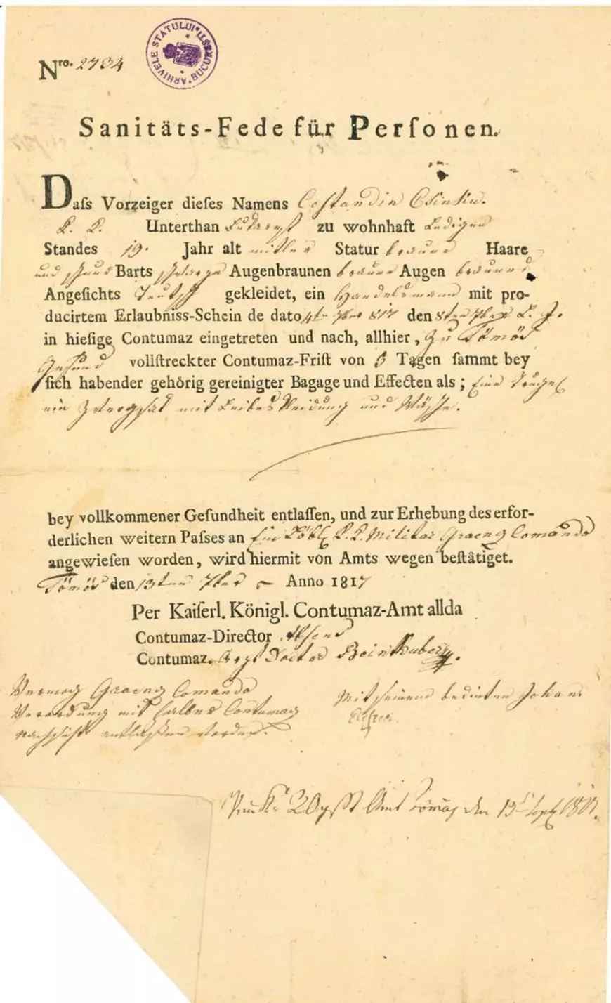 „Se eliberează dovada că a făcut 5 zile de carantină la Timișoara”. Adeverință din 1817, din timpul epidemiei de holeră