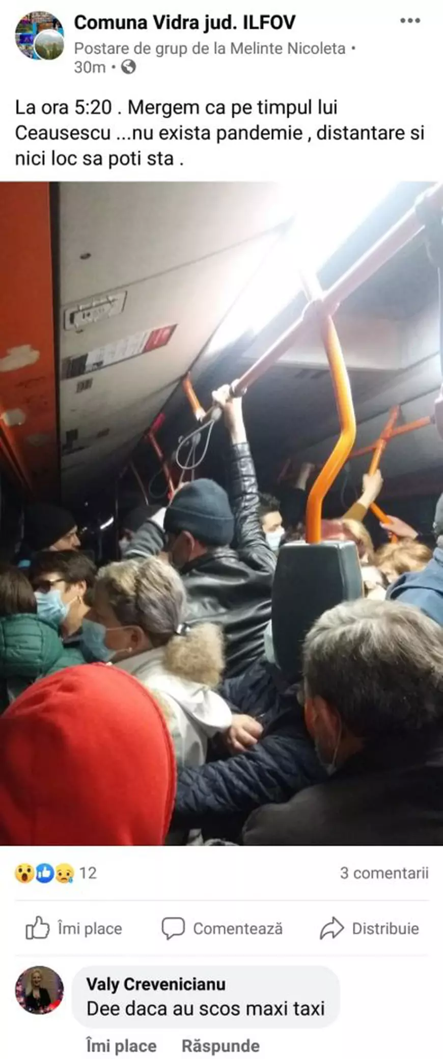 Cum arată distanțarea într-un autobuz care vine din Ilfov la București. „Așa este în fiecare zi”