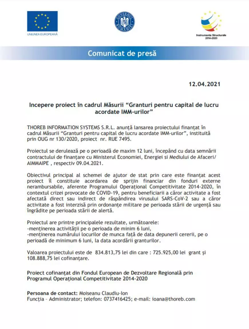 (Publicitate) Comunicat de presă - Începere proiect în cadrul Măsurii “Granturi pentru capital de lucru acordate IMM-urilor”