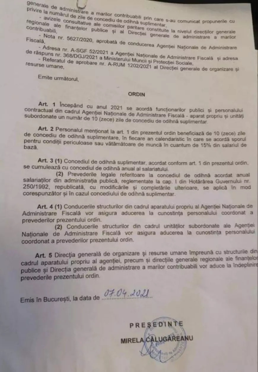 DOCUMENT | Fiscul le dă angajaților zece zile de concediu suplimentar. Sindicaliștii spun că este obligație legală