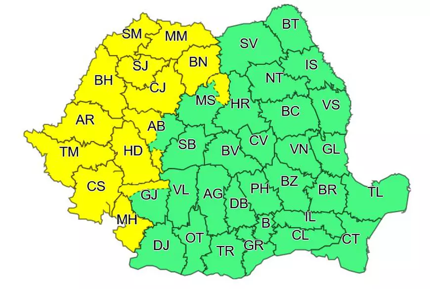 Cod galben de ploi și vijelii în 14 județe. Harta zonelor vizate