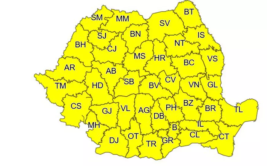 Cod galben de ploi și vijelii în 14 județe. Harta zonelor vizate