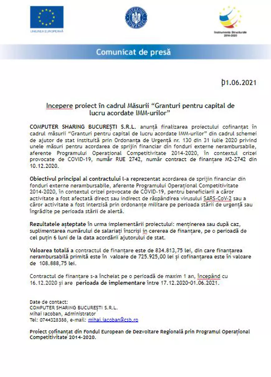 (Publicitate) Începere proiect în cadrul Măsurii “Granturi pentru capital de                        lucru acordate IMM-urilor”