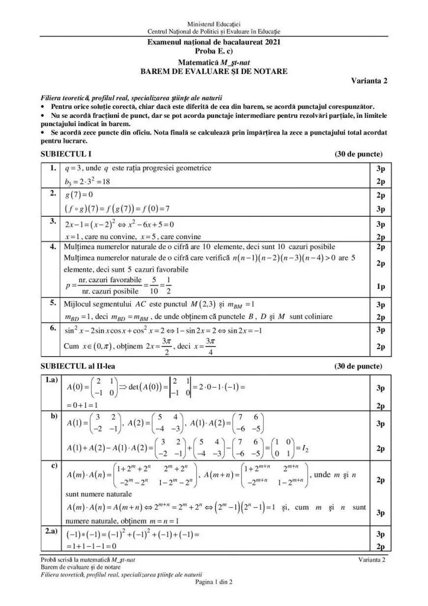 Barem matematică Bac 2021. Ministerul Educației a publicat grila de corectare a subiectelor