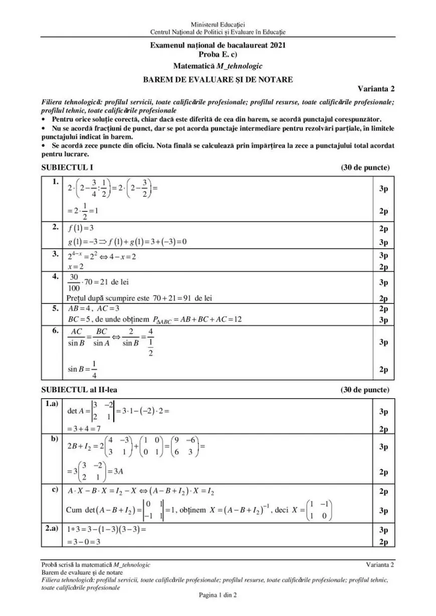 Barem matematică Bac 2021. Ministerul Educației a publicat grila de corectare a subiectelor