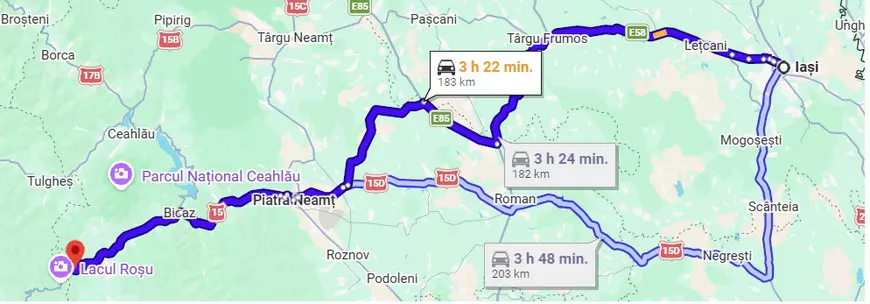 Cheile Bicazului - Hartă traseu auto Iaşi - Cheile-Bicazului.