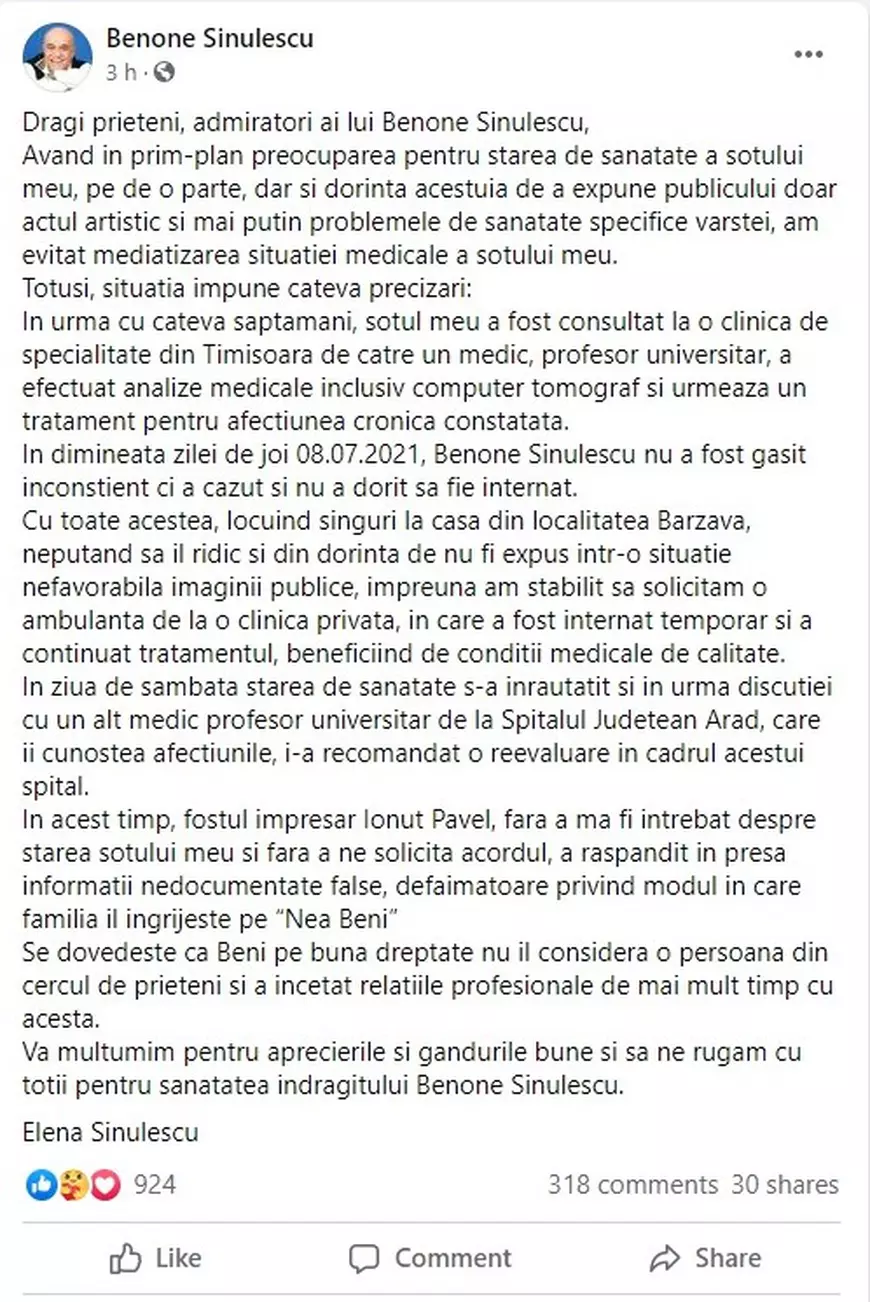 Soția lui Benone Sinulescu îl acuză pe fostul impresar de fake-news: „Nu a fost găsit inconștient. A căzut”