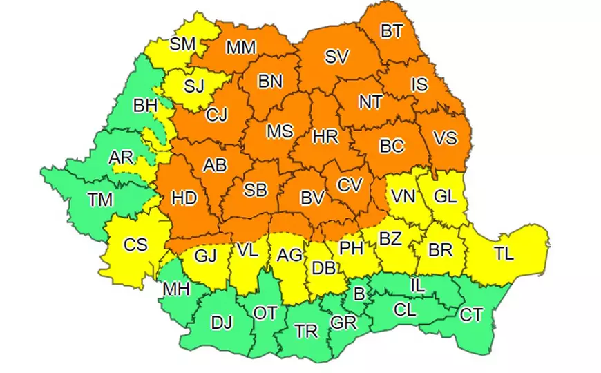 Aproape toată țara, sub avertizare de vreme severă. Harta zonelor vizate de ploi torențiale, vijelii și grindină