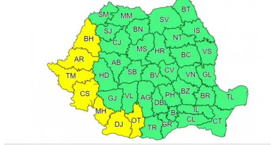 Două avertizări meteo de vreme severă: cod galben de ploi torenţiale și grindină, dar și unul de caniculă