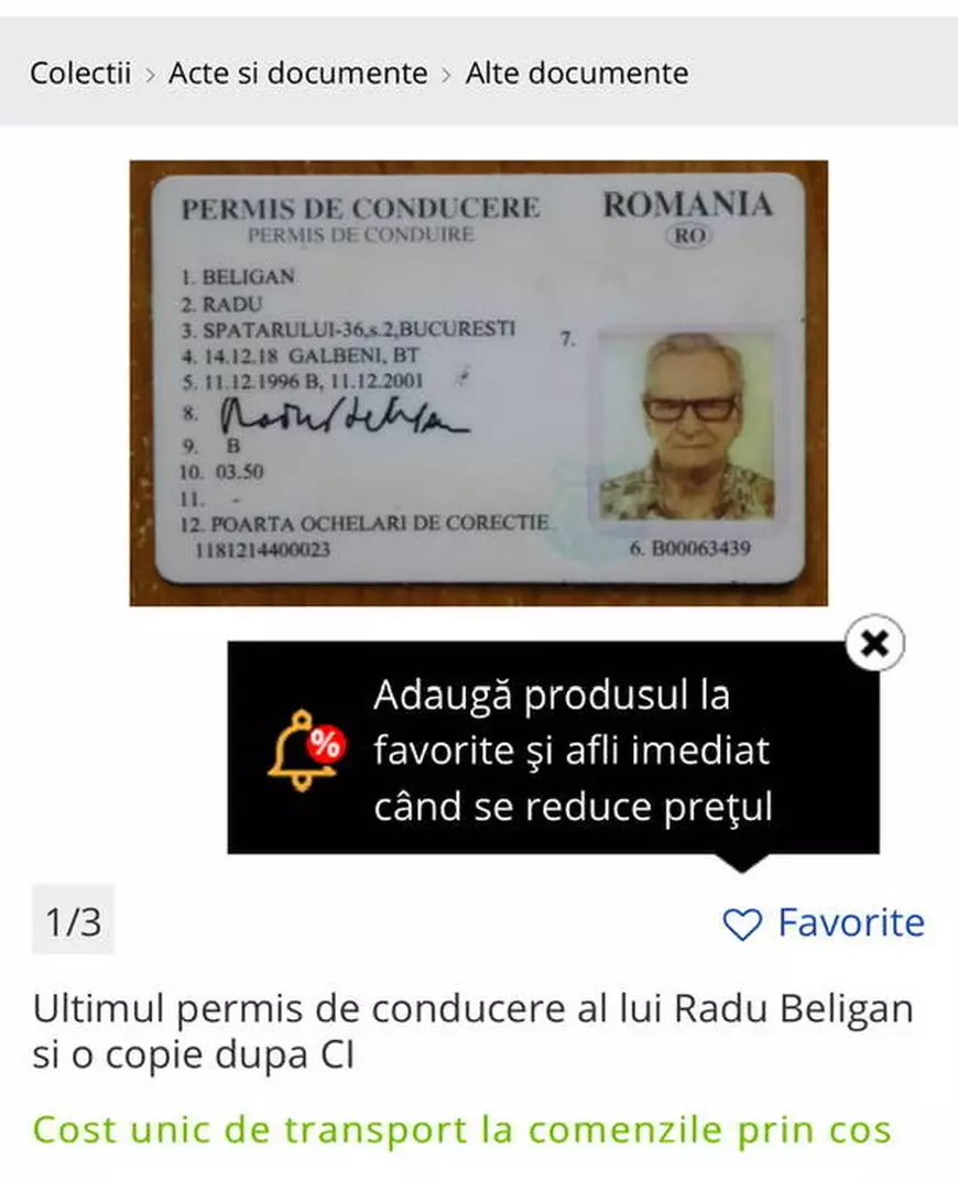 Permisul de conducere al lui Radu Beligan, scos la vânzare pe un site de anunțuri. Reacția fiicei actorului