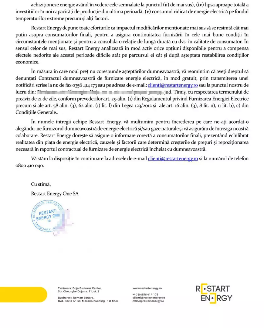 După gaz, și curentul. Clienți anunțați pe mail de dublarea prețului la energie. Crește de la 0,250 la 0,557 lei pe kilowatt