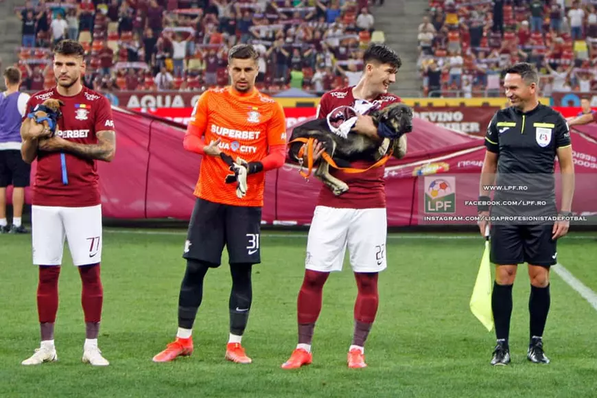 Jucătorii echipelor din Liga I au ieșit pe stadion cu cățeii din adăposturi, pentru a promova adopția. Foto: LPF