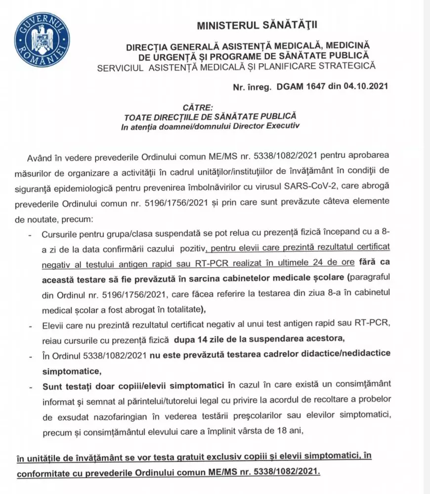 Cîmpeanu: Adresa prin care Ministerul Sănătății a suspendat testarea în a opta zi pentru elevii care vor să revină la școală, ilegală