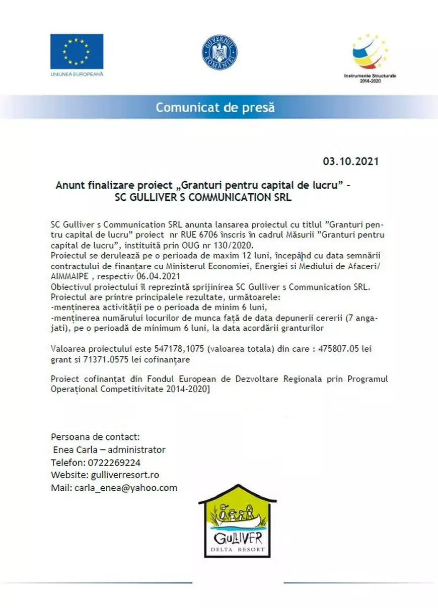 Anunț finalizare proiect „Granturi pentru capital de lucru” SC GULLIVER S COMMUNICATION SRL