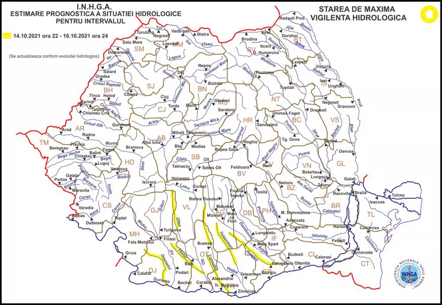 Cod galben de inundații în Muntenia și Oltenia până sâmbătă noapte
