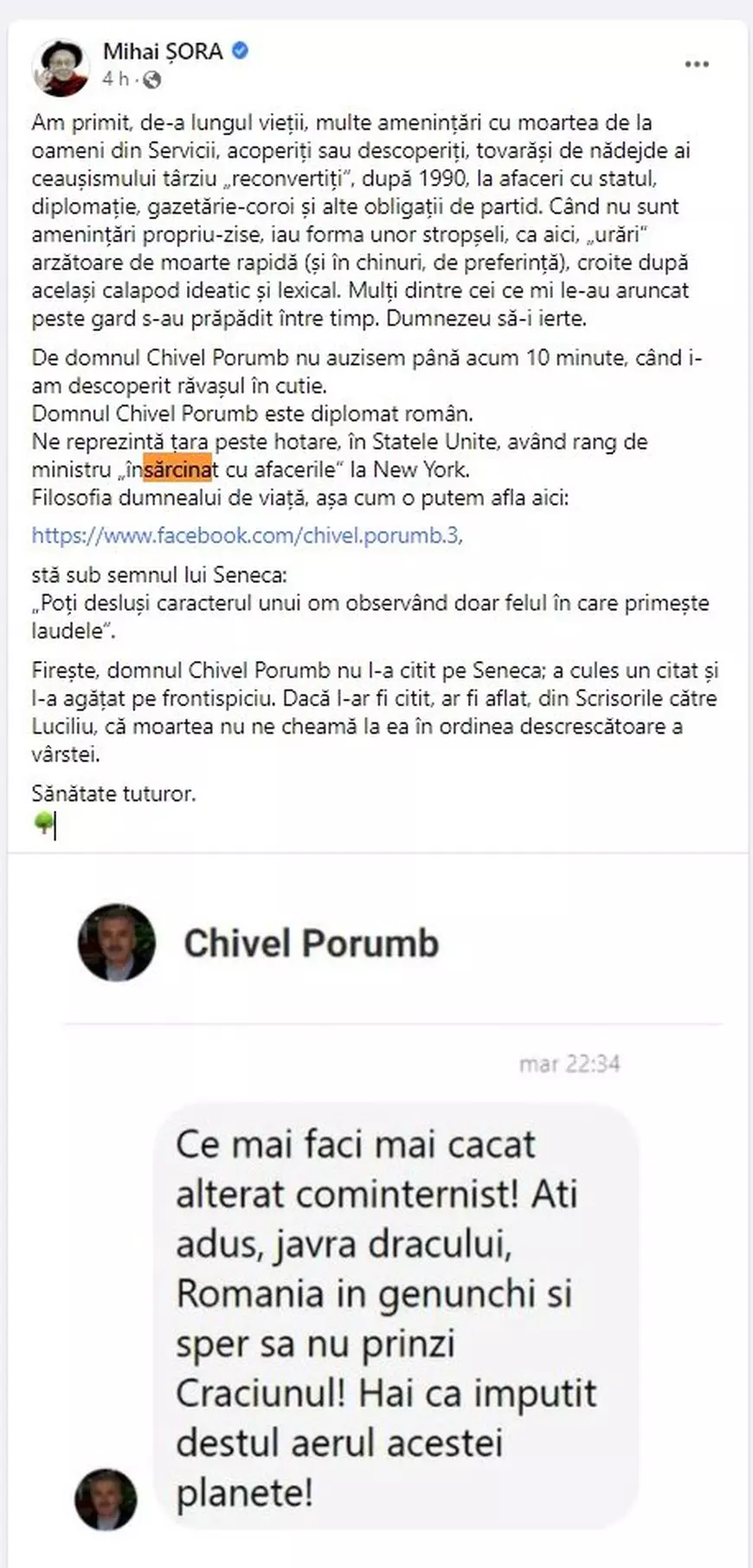 Mihai Șora susține că „un diplomat român” i-a spus că îi dorește moartea. MAE: A fost angajatul Ministerului Economiei