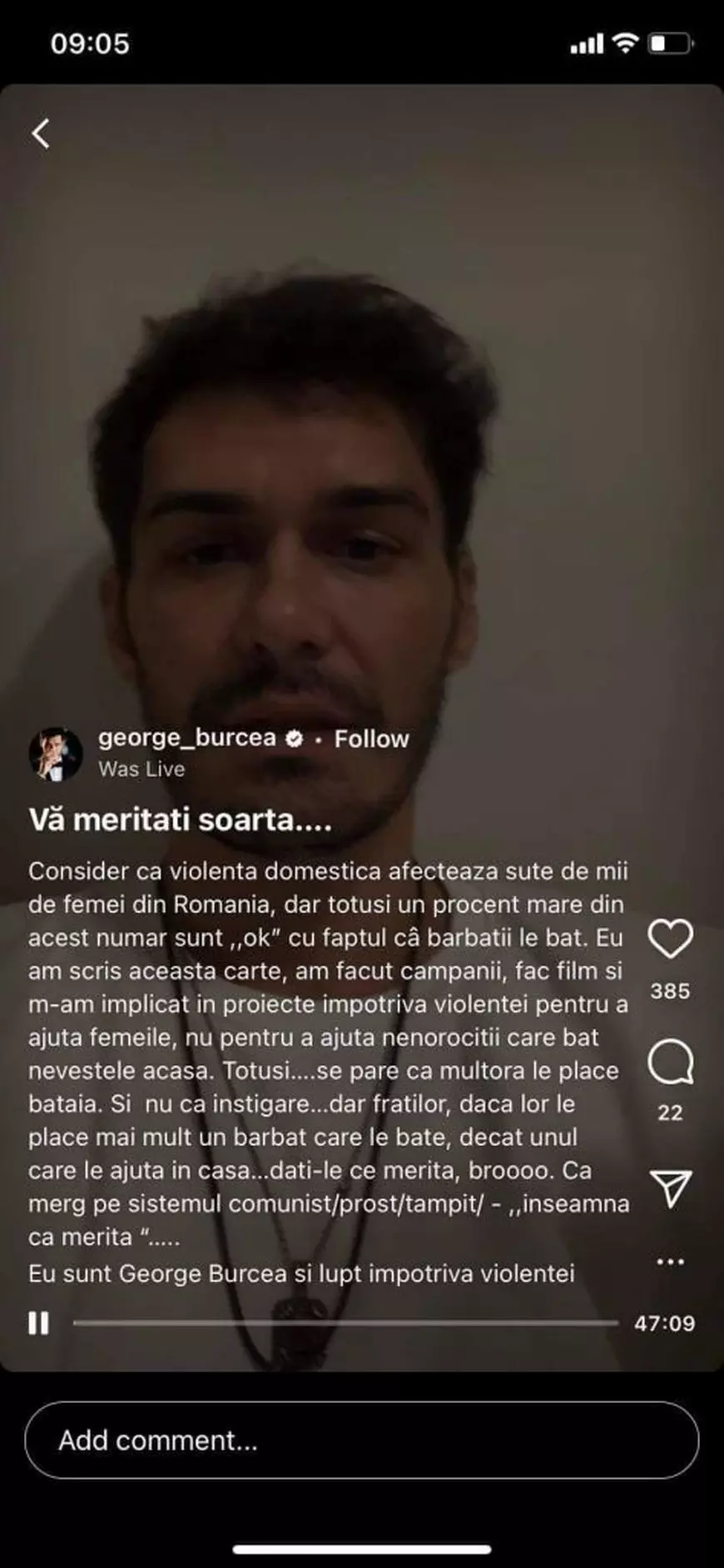 DERAPAJ. Actorul George Burcea, autorul unui roman despre violență domestică, îndeamnă pe Instagram ca femeile să fie bătute „cu mese, cu scaune”