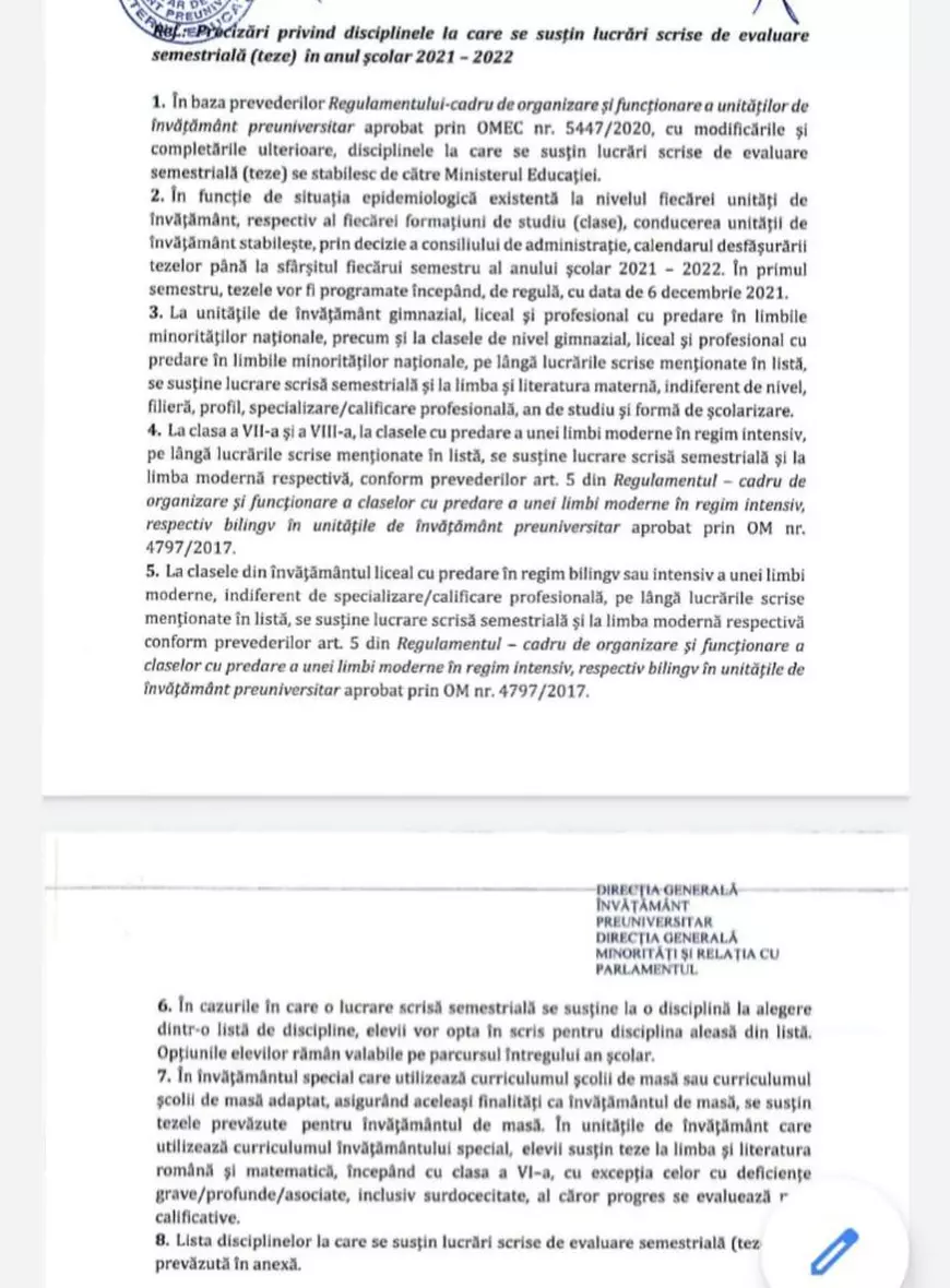Elevii de clasa a V-a, a VI-a și a VII-a vor susţine în continuare teze la limba română şi matematică
