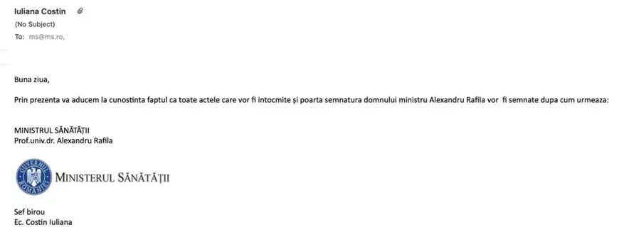 Directorul de resurse umane de la Ministerul Sănătății înștiințează angajații că ministrul Rafila trebuie semnat „Prof. univ. dr.”