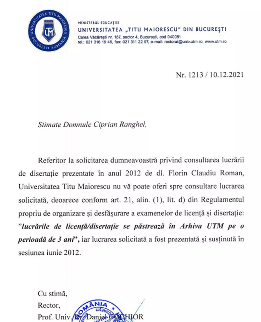 Universitatea Titu Maiorescu spune că nu mai are disertația de master a ministrului Roman. I-am cerut-o demnitarului, cu toate cele 91 de pagini