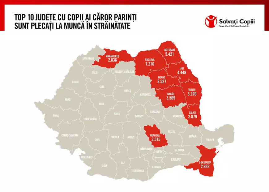 Harta copiilor cu părinți plecați în străinătate: sunt peste 75.800 în toată țara. Cele mai afectate județe