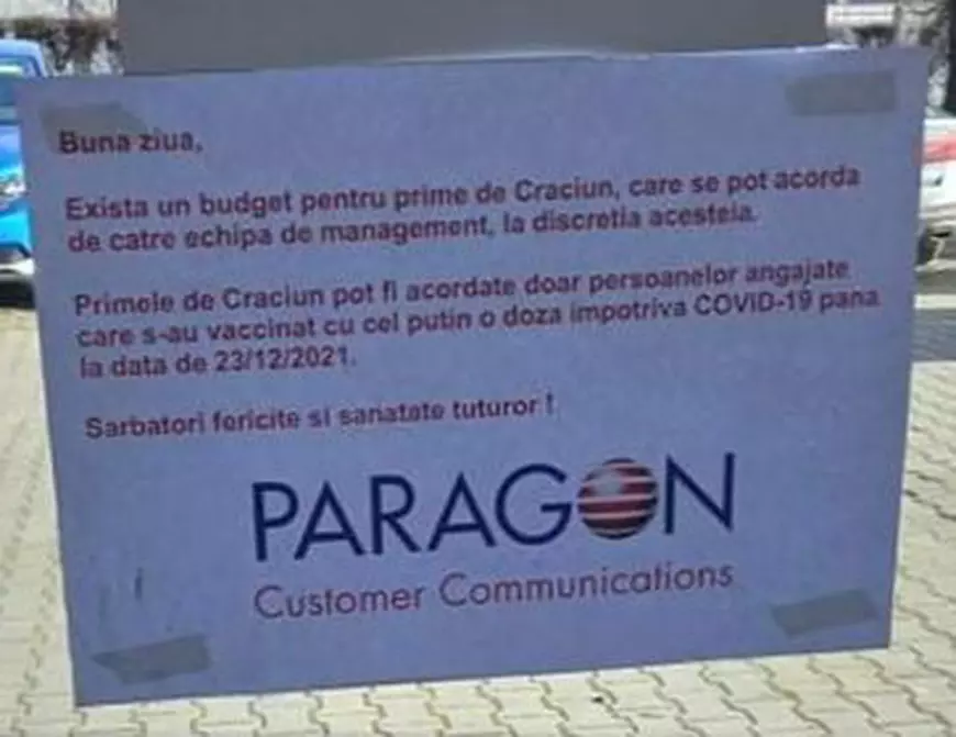 O companie din Otopeni a oferit prime de Crăciun doar angajaților vaccinați. „Nu văd unde este problema”
