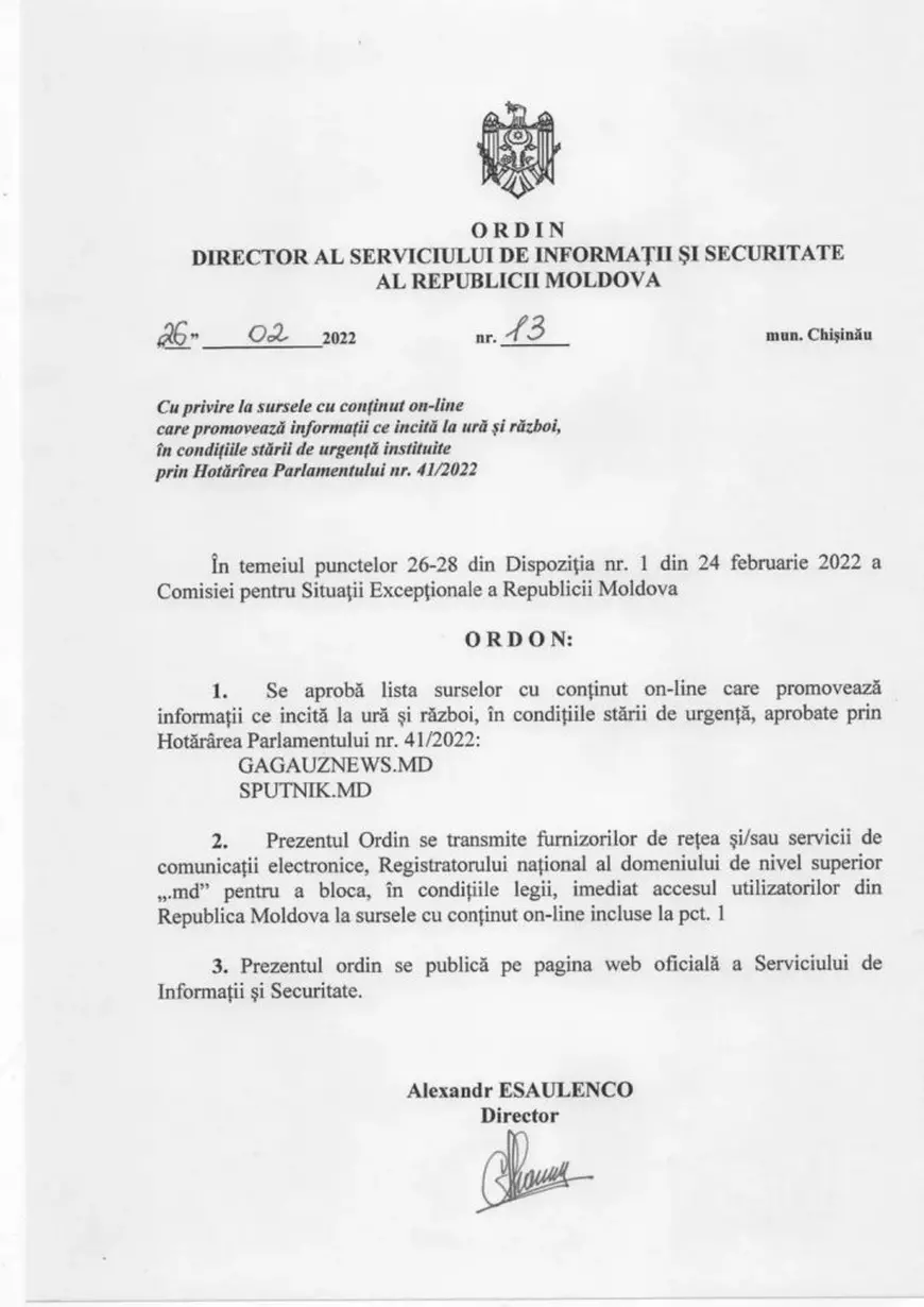 Republica Moldova blochează site-urile rusești Sputnik și Gagauznews pentru că promovează ”informații ce incită la ură și război”