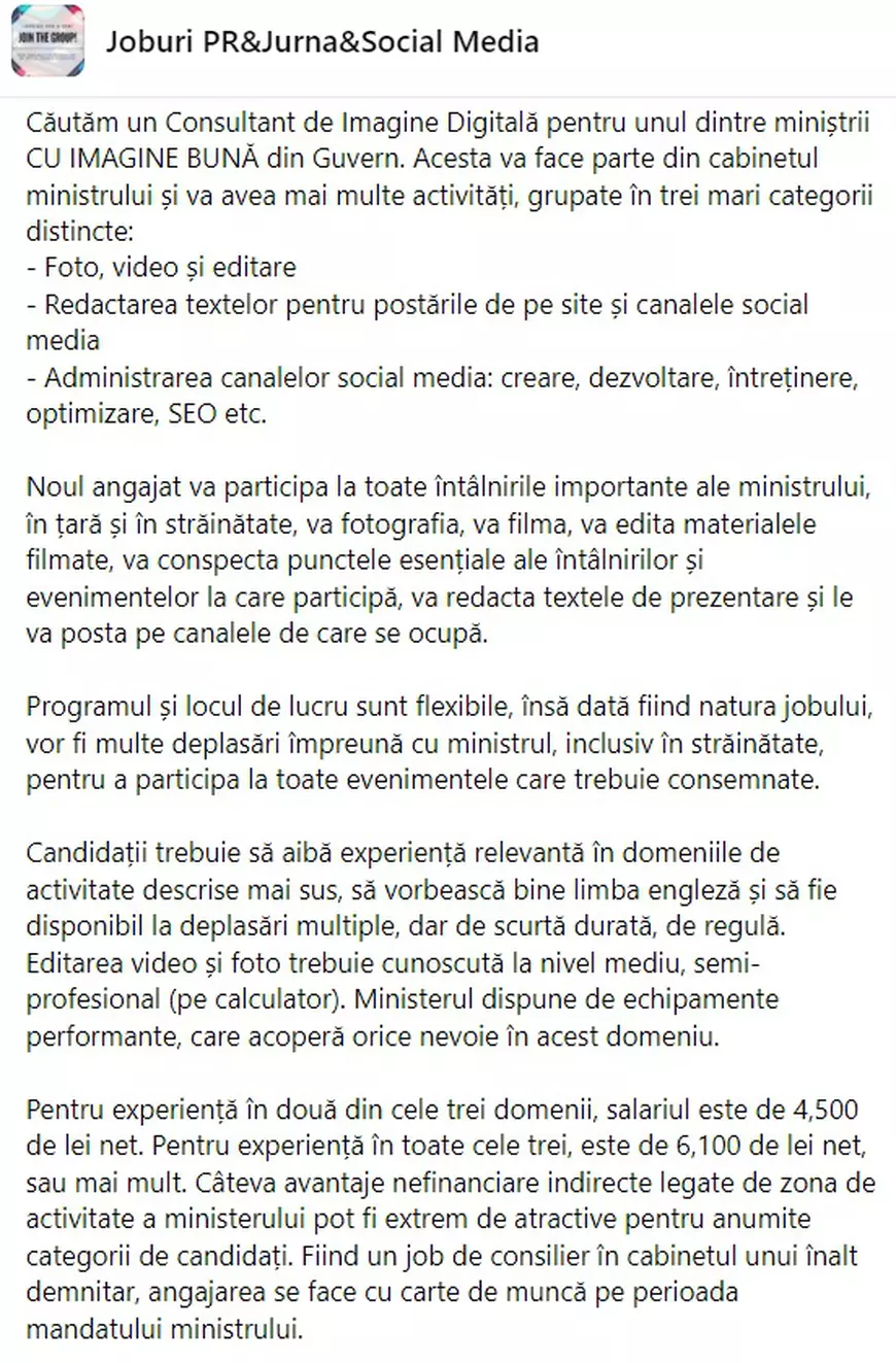 „Căutăm consultant pentru unul dintre miniștrii cu imagine bună”. Anunțul de angajare, postat pe un grup de pe Facebook