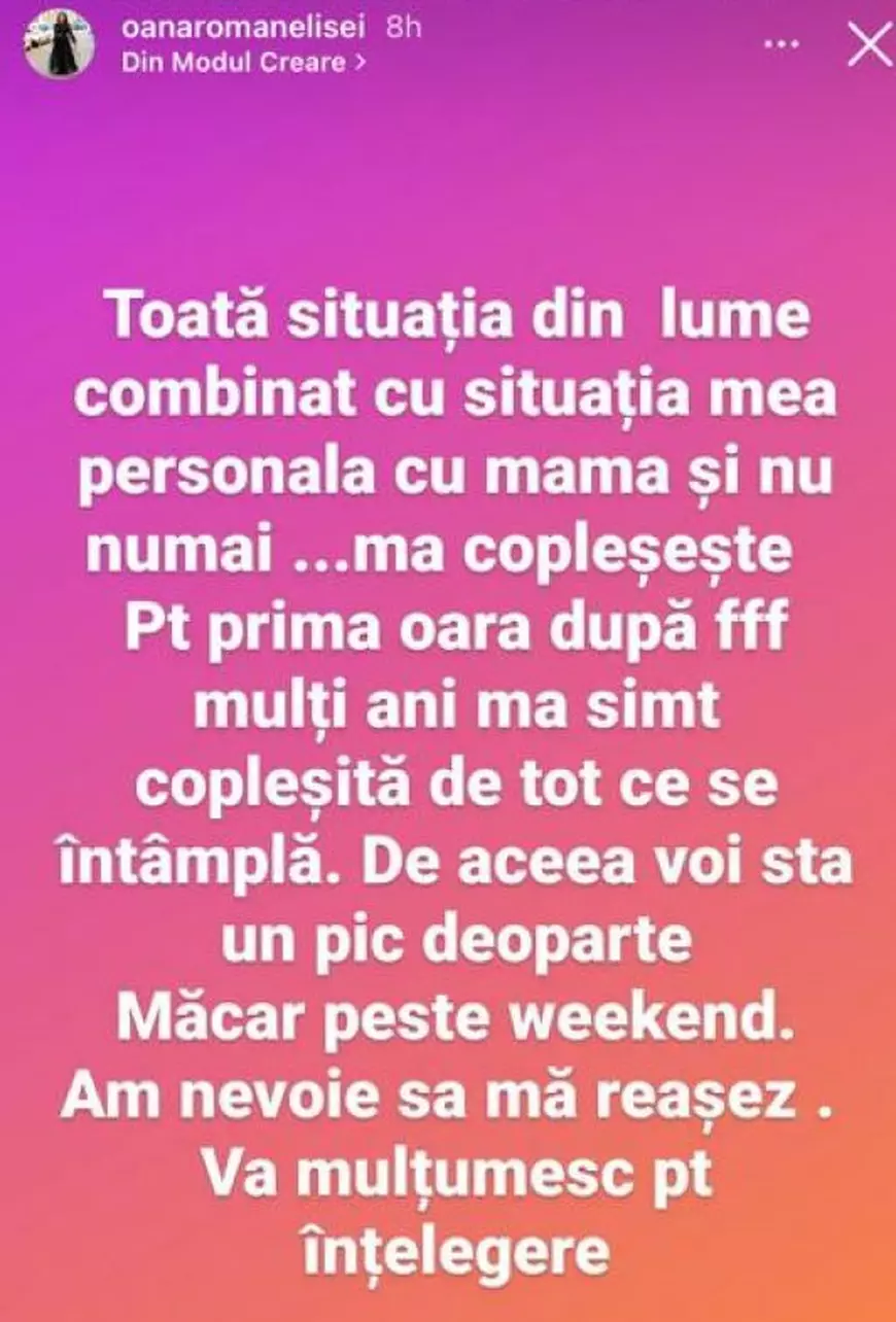 Anunțul făcut de Oana Roman despre mama ei. Vedeta se retrage pentru o perioadă din mediul virtual. „Rugați-vă pentru sănătatea ei!”