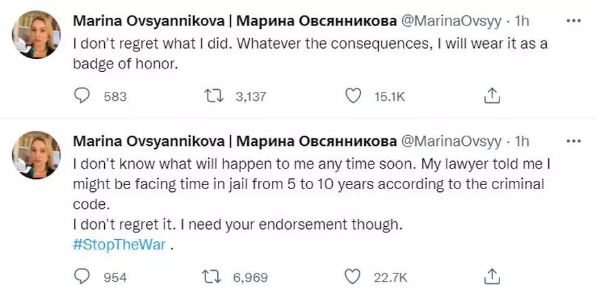 Prima reacție a jurnalistei care a protestat față de război în direct la televiziunea rusă. Unde se află Marina Ovsianikova