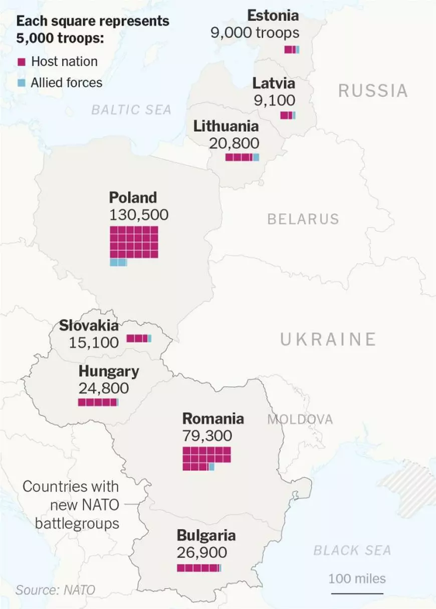 Harta NATO care arată cum cresc trupele în Europa de Est ca să descurajeze Rusia să atace. Câți soldați primește România