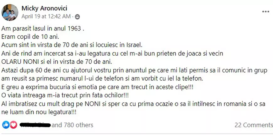 Doi prieteni se regăsesc după 60 de ani de distanță. Au copilărit la Iași, dar unul dintre ei s-a mutat în Israel: „Am făcut imposibilul să dau de el”