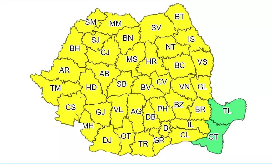 Cod galben de ploi și vijelii în aproape toată țara. Doar două județe nu sunt afectate