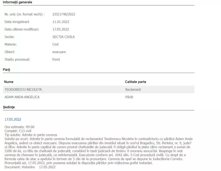 Anda Adam, evacuată din casă prin hotărâre executorie. E obligată să părăsească imobilul: „Nu stătea cu chirie, ea voia să-l cumpere”