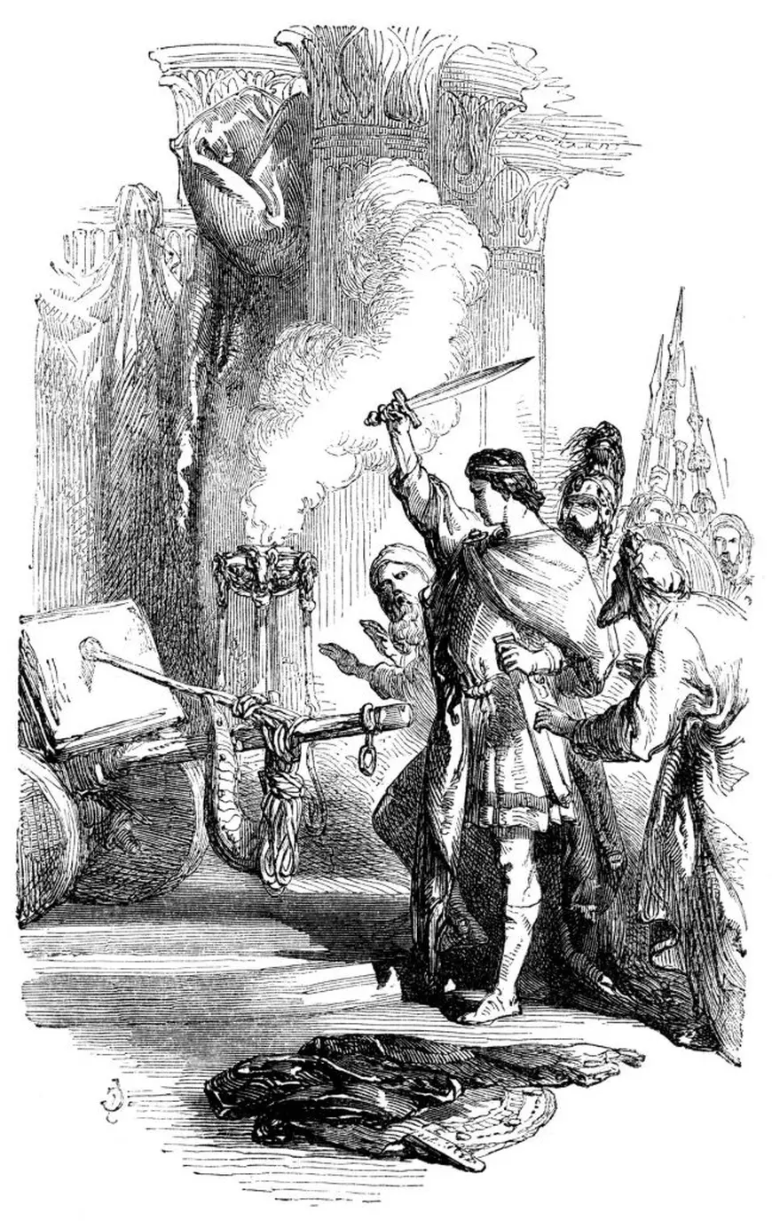 nodul-gordian-expresie-semnificatie- O imagine ilustrată gravată a lui Alexandru cel Mare tăind nodul gordian, dintr-o carte victoriană de epocă datată 1850