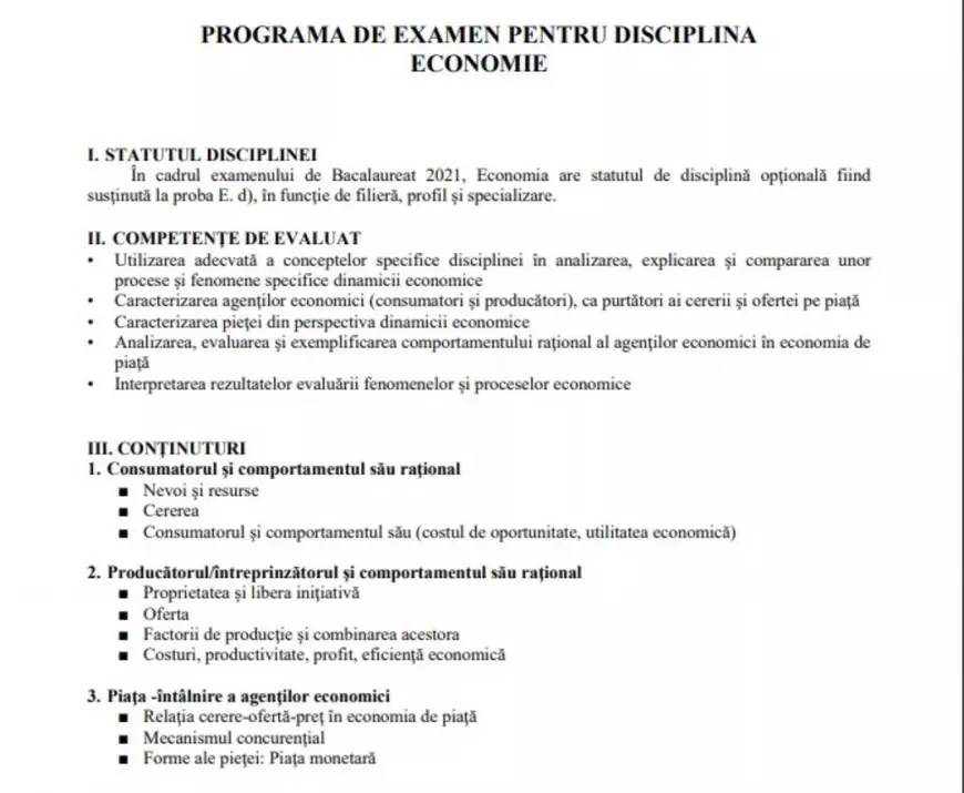 Programă Economie Bac 2022