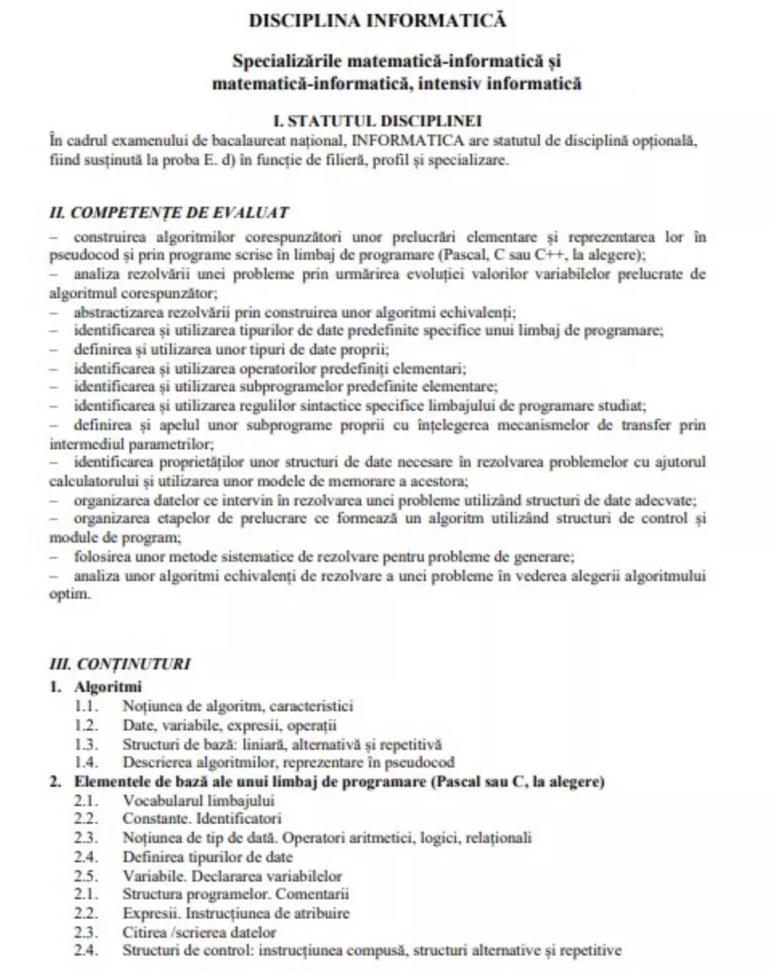Programă informatică Bac 2022