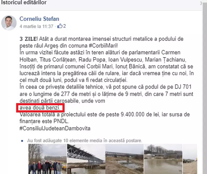 Radio Erevan de Dâmbovița: șeful Consiliului Județean se laudă cu un pod lat de 9 metri și două benzi. Are, de fapt, 7 metri, o singură bandă și a costat mai mult cu 30%