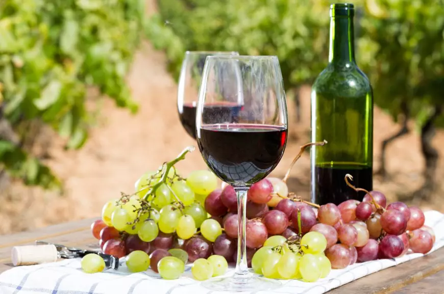 Câte tipuri de vin roșu există - Două pahare de vin roşu, alături de o sticlă de vin roşu şi struguri albi şi roze.