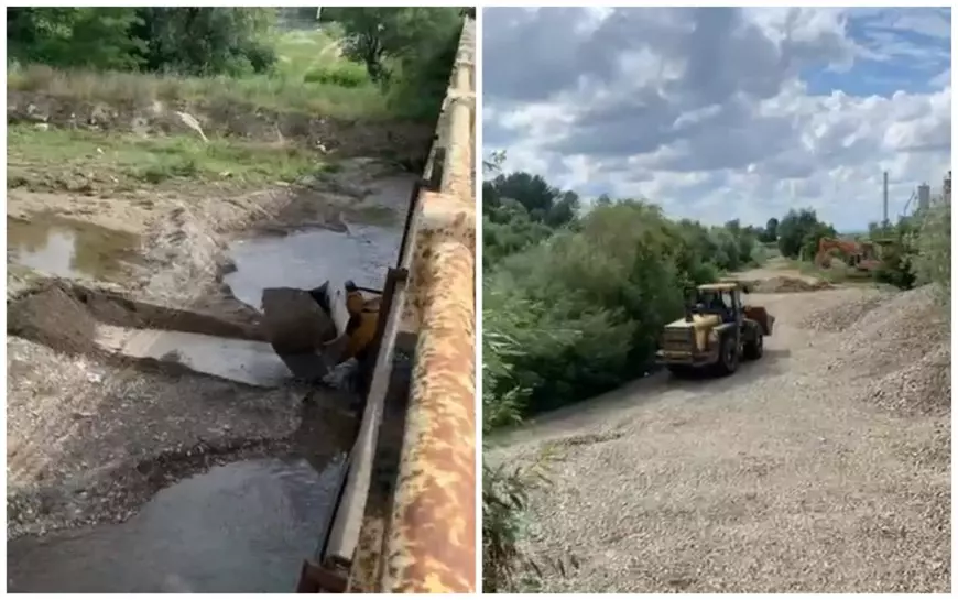 VIDEO. Mașinile CJ Neamț, prinse la excavat pietriș sub „podul groazei” de la Girov, deși legea o interzice. La apariția jurnaliștilor, oamenii și utilajele s-au evaporat