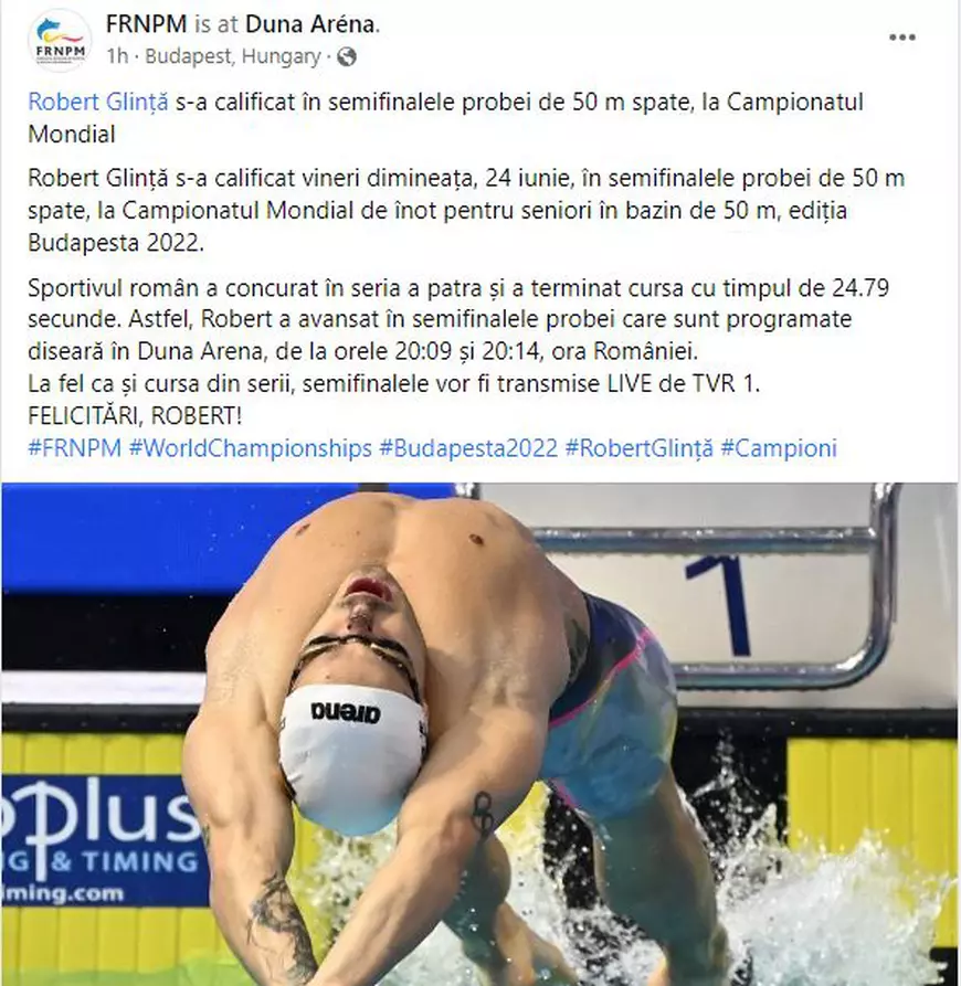 Robert Glință s-a calificat în semifinale la 50 de metri spate, la Campionatul Mondial de Nataţie