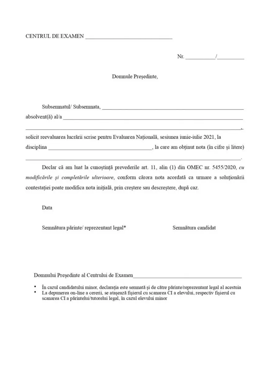 Model de contestatie Evaluare Nationala 2021